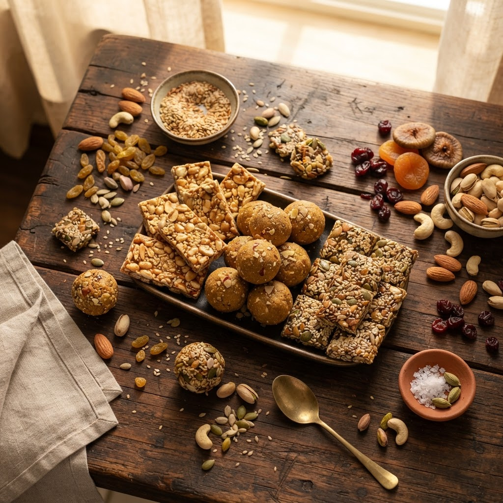 An assortment of ArnaTreats handcrafted healthy sweets and snacks on a wooden table